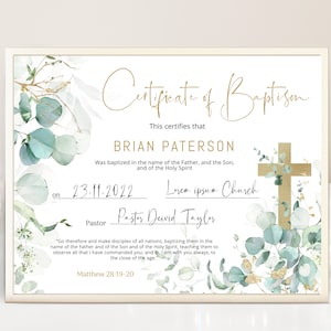 Eucalyptus baptism certificate with cross template, christening certificate, printable certificate of baptism, baptism church forms B021