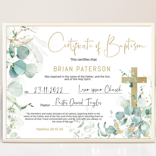 Eucalyptus baptism certificate with cross template, christening certificate, printable certificate of baptism, baptism church forms B021