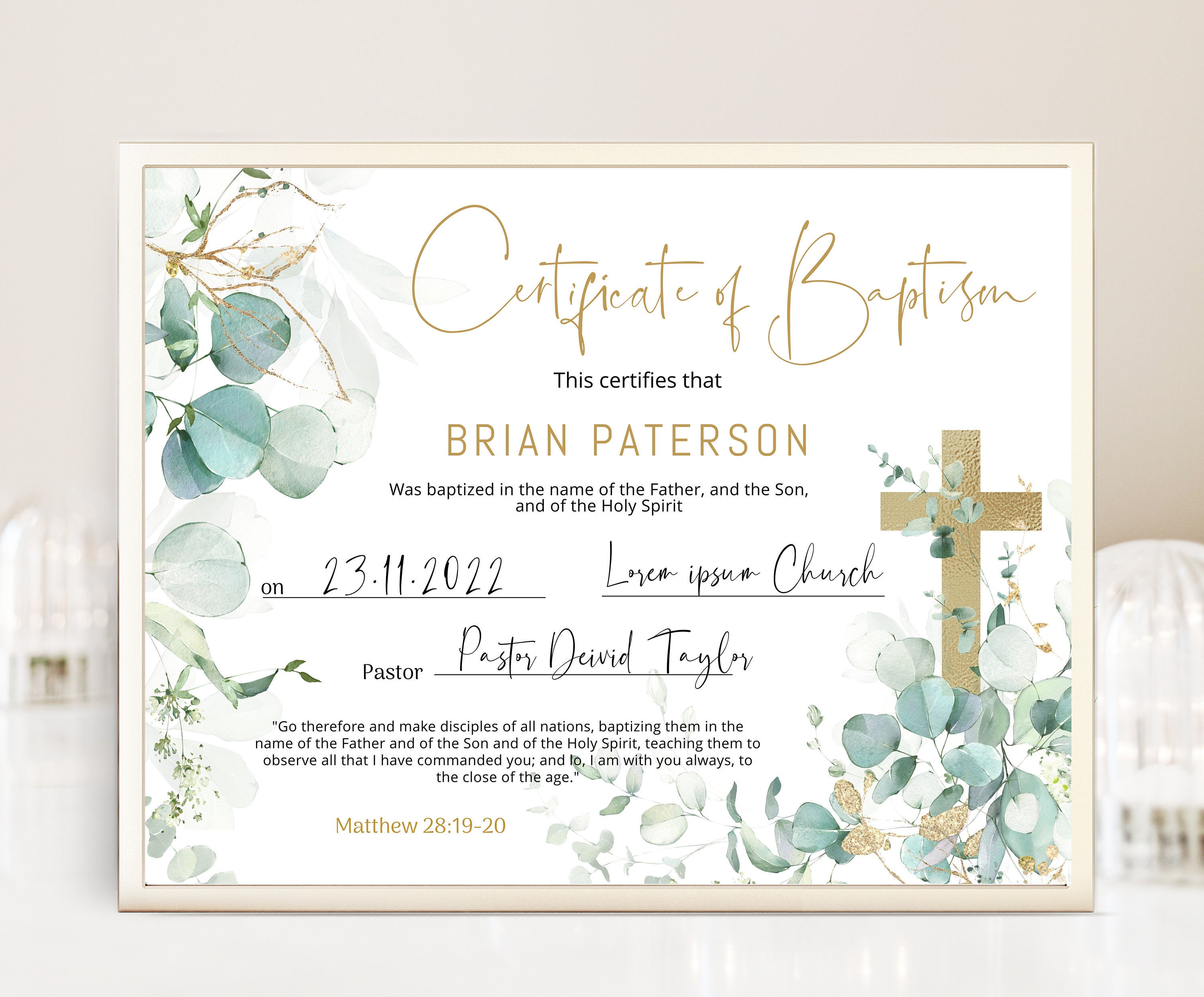Eucalyptus baptism certificate with cross template, christening certificate, printable certificate of baptism, baptism church forms B021