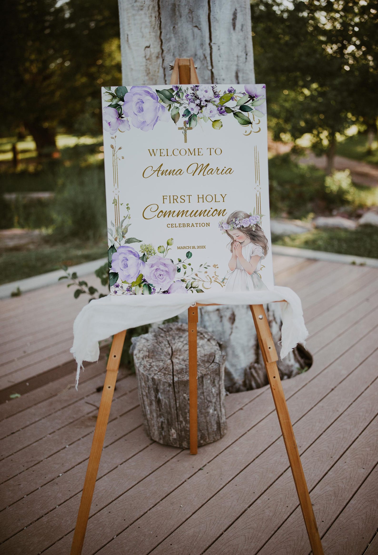 Communion Post Sign First Holy Communion Welcome Sign Template, Purple Gold First Holy ...