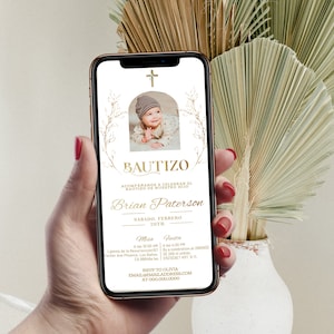 Bautizo photo Invitation digital, modern spanish baptism invitation, editable baptism evite template, digital baptism text invite,  P217