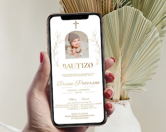 Bautizo photo Invitation digital, modern spanish baptism invitation, editable baptism evite template, digital baptism text invite,  P217