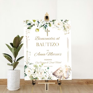 Bienvenidos al bautizo, floral Baptism welcome sign in spanish template,christening poster, editable welcome sign, greenery gold, P222