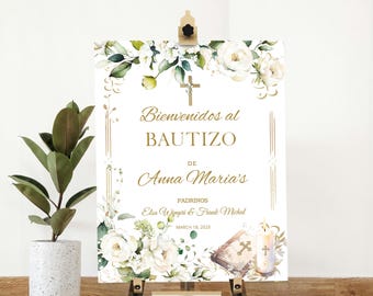 Bienvenidos al bautizo, floral Baptism welcome sign in spanish template,christening poster, editable welcome sign, greenery gold, P222