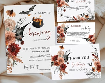 A baby is brewing halloween baby shower invitation set, halloween gender neutral Invitation bundle template, baby halloween invite set P149