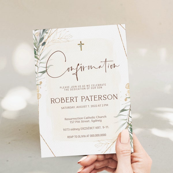 Greenery confirmation Invitation template, boho baptism invitation, religious invitations, printable christening invite, baptism Invite B012