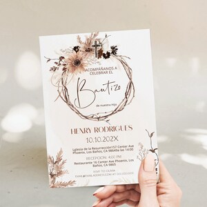 Spanish bautizo invitation template, invitaciones de bautizo digitales, boho floral baptism invitation, editable religious invite, P155