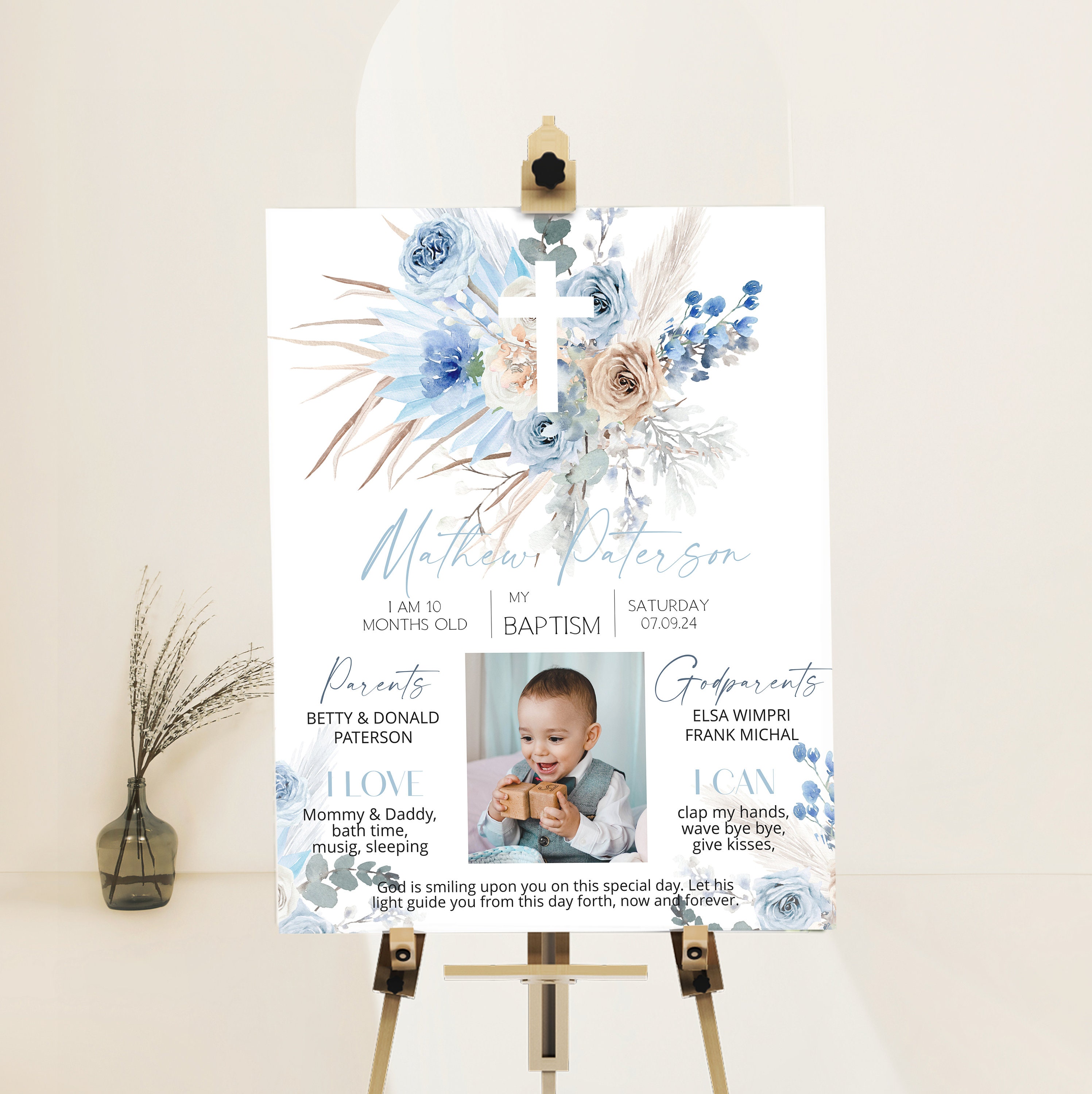 Blue boho baptism milestone photo sign, pampas grass baptism chalkboard sign, christening chalkboard poster template baptism decorations P65
