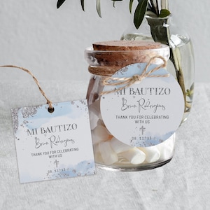 Blue silver bautizo favor tags, editable round thank you tag template, spanish baptism gift tags, spanish christening circle favor blue B2