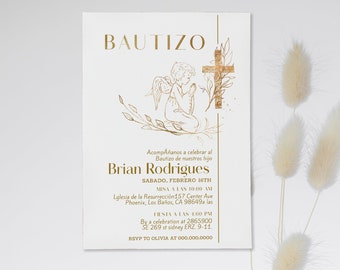 Angel invitaciones de bautizo, spanish baptism invitation, mi bautizo invitation, gold cross bautizo, editable religious invite P227