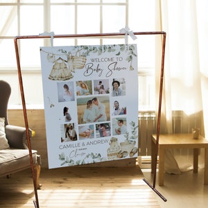 Clothes welcome baby shower photo sign, eucalyptus baby shower photo collage, boho baby shower poster, pregnancy photo collage template, P68