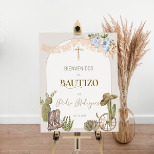 Cartel de bienvenida bautizo, bienvenidos al bautizo, cactus spanish bautizo welcome sign template, editable religious welcome poster, P231
