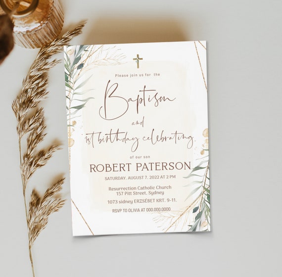 Editable Baptism Birthday Invitation Template Green Baptism Etsy
