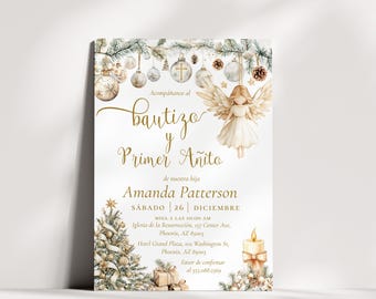 Winter Angel Spanish Baptism and Birthday Invite Template, Editable Invitaciones Para el Primer Cumpleaños y Bautizo, P344