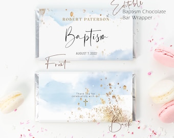 Blue gold baptism chocolate bar wrapper template, editable candy bar wrapper, baptism favors hershey bar wrapper, boy chocolate labels B2b