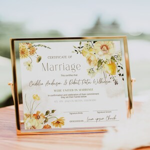 Yellow floral marriage certificate template, lemon wedding certificate keepsake, editable wedding certificate, printable certificate, P49