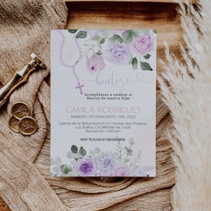 Lilac purple invitacione de bautizo niña, girl spanish baptism invitatios, digitales mi bautizo invitation, editable religious invite P106