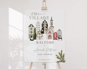 It Takes a Village Baby Shower Welcome Sign, Christmas Village Party, Editable Winter Wonderland Poster Template, P345