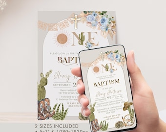 Western Cowboy Baptism and 1st Birthday Invitation Template, Editable Boho Cactus Joint Party Invite, Blue Floral Christening Evite P231