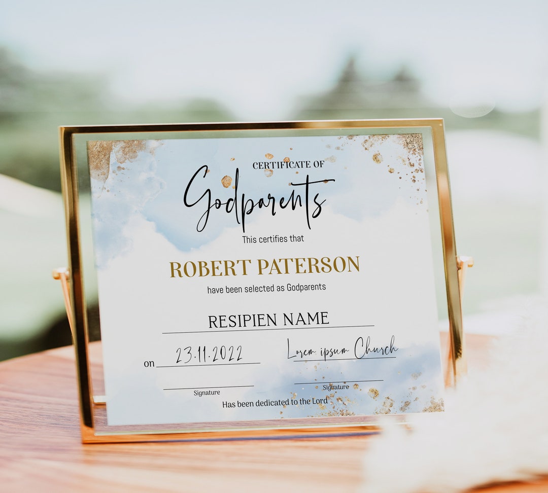 Godparents Baptism Certificate, Editable Blue Baptism Certificate