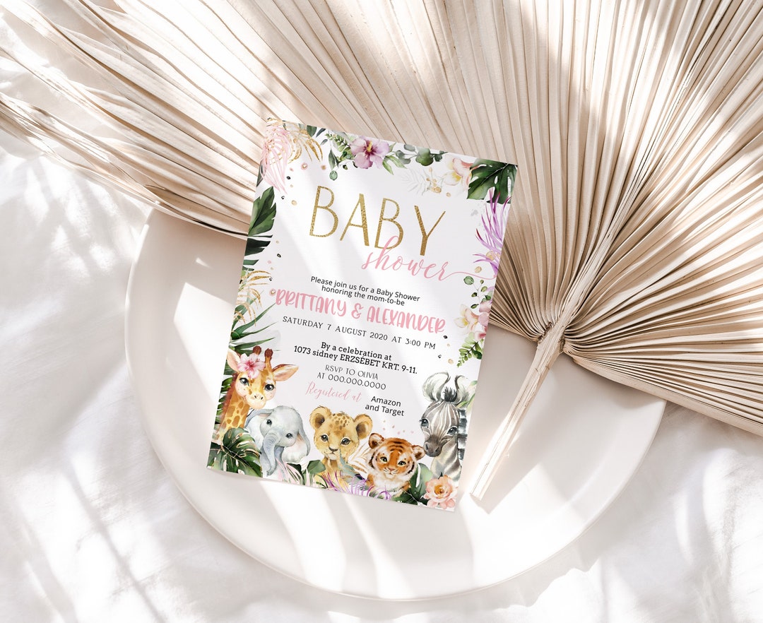 Safari Animals Baby Shower Invitations, Pink Wild One Invite, Zoo