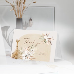 Boho giraffe thank you baby shower cards template, baby shower thank you flat or folded card, editable party thank you, bohemian thank, P82