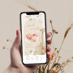 Boho giraffe hellow world birth announcement ecard, modern with photo birth announcement smartphone , hello world phone message birth P82
