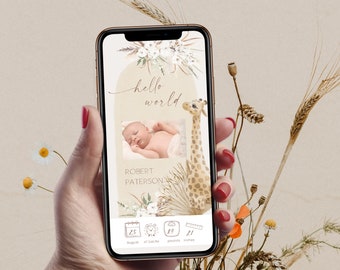 Boho giraffe hellow world birth announcement ecard, modern with photo birth announcement smartphone , hello world phone message birth P82