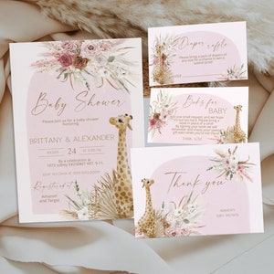 Pink boho giraffe baby shower invitation bundle, girl Invitation set template, girl boho modern pampas grass baby shower invitation set P82