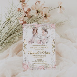 Invitación a la primera comunión de dos hermanas gemelas, primera comunión, 1st holy communion invite template, chistening invitation, P223
