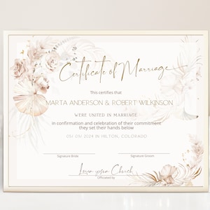 Pampas grass marriage certificate, boho wedding certificate template, editable boho wedding keepsake, marriage ceremony certificate, B19