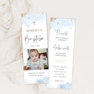 Blue baptism bookmark with photo, first communion bookmark template, blue gold baptism favor keepsake, editable boy christening bookmark B2b