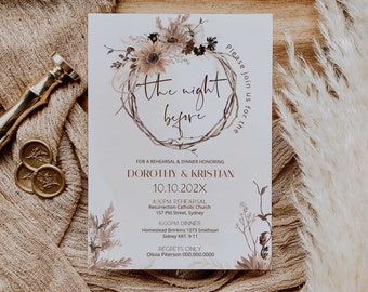 The night before Invitation template, printable rust wedding rehearsal, boho wedding rehearsal dinner, botanical dinner invite, P155