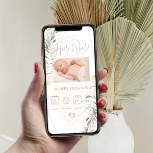 Hellow world birth announcement ecard, modern with photo birth announcement, hello world phone message, smartphone birth announcement B012