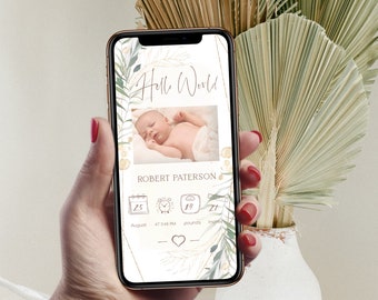 Hellow world birth announcement ecard, modern with photo birth announcement, hello world phone message, smartphone birth announcement B012