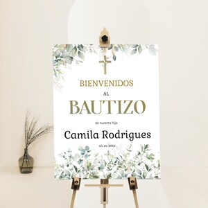 Bienvenidos a bautizo, greenery religious welcome sign template, printable bautizo welcome sign editable spanish baptism welcome poster P319
