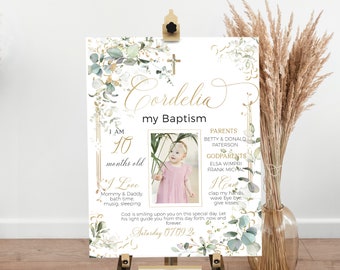Greenery baptism milestone sign template, christening milestone poster with photo, baptism chalkboard sign, first communion chalkboard, P133