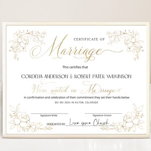 Gold elegant wedding certificate template, editable marriage certificate keepsake modern certificate of marriage commitment certificate