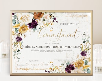 Könnte beinhalten: Eine Zertifikat der Verpflichtung mit einem floralen Design in den Farben Burgunderrot, Gold und Weiß. Der Text lautet "Zertifikat der Verpflichtung" und "Dies ist zu bescheinigen, dass Cordelia Anderson und Robert Wilkinson sich am 05/09/2024 in Hilton, Colorado, zu einer lebenslangen Verpflichtung zueinander bekannt haben."