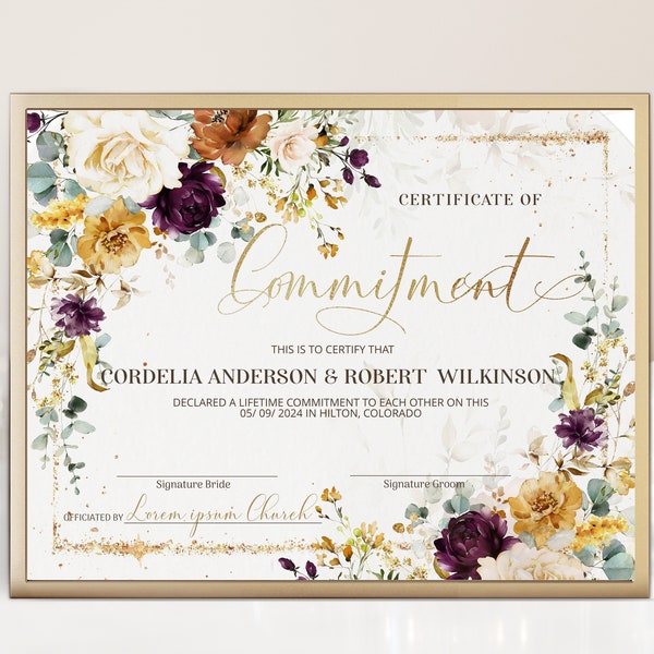 Garden flowers certificate of commitmen template, wedding certificate marriage, commitment ceremony certificate, boho wedding keepsake P61