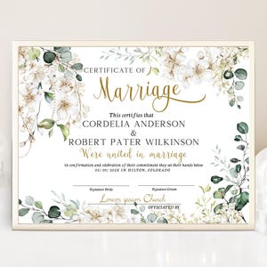 Editable marriage certificate keepsake, floral certificate of marriage, greenery wedding certificate template, commitment certificate, P329