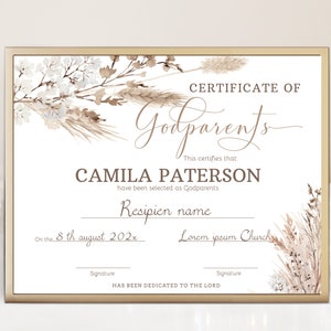 Pampas grass godparents certificate template, editable godparents certificate, printable baptism certificate, christening certificate, P201