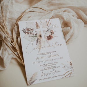 Confirmation invitation templat, beige boho baptism invite, christening invitation girl, religious invite, neutral baptism invitation P66