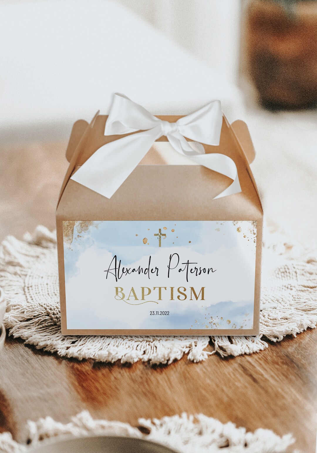 Blue Gold Baptism Gable Box Label Template, Christenin Favor Gifts ...