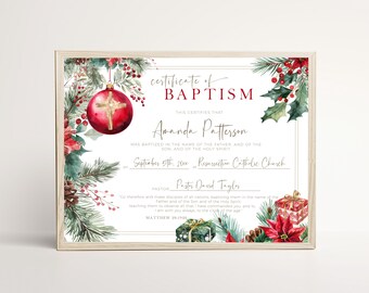 Christmas Baptism Certificate Template, Editable Holiday Christening Certificate with Red Ornament and Gold Cross, Winter Keepsake, P273