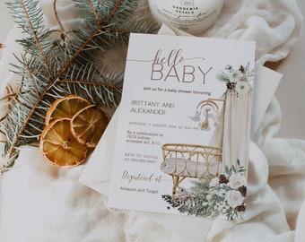 Boho christmas cradle baby shower invitation templates, boho hello baby invitation, winter baby shower, christmas baby shower invitation P86