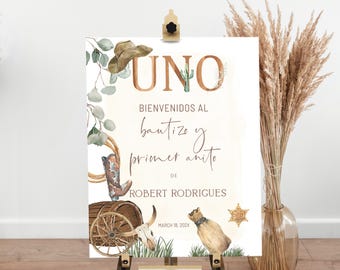 Cowboy Birthday & Baptism Welcome Sign in Spanish, Rodeo Theme Party, Bautizo y Primer Anito, Editable Template, P110