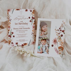 Twins baptism 1st birthday invitation template, boy girl birthday invite, fall wildflower baptism invite, editable christening invite, P342