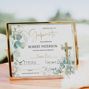 Eucalyptus godparents baptism certificate template, editable greenery baptism certificate, godparents certificate, church certificate, B021