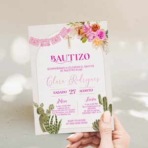Pink floral spanish baptism invitation, mi bautizo, baptism invite, editable religious invite, Invitaciones de bautizo digitales, P242